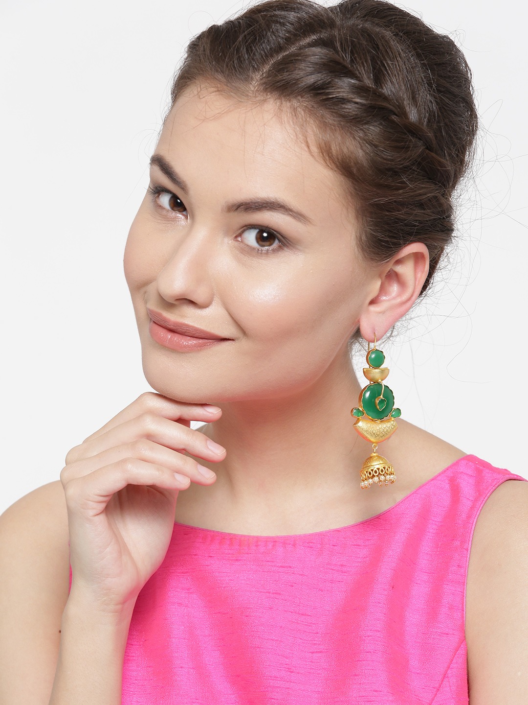 YouBella Gold-Toned  Green Dome Shaped Jhumkas